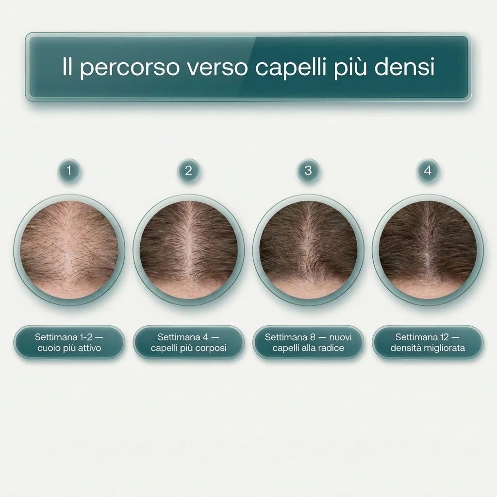 Il percorso verso capelli più densi — timeline settimana 1-12