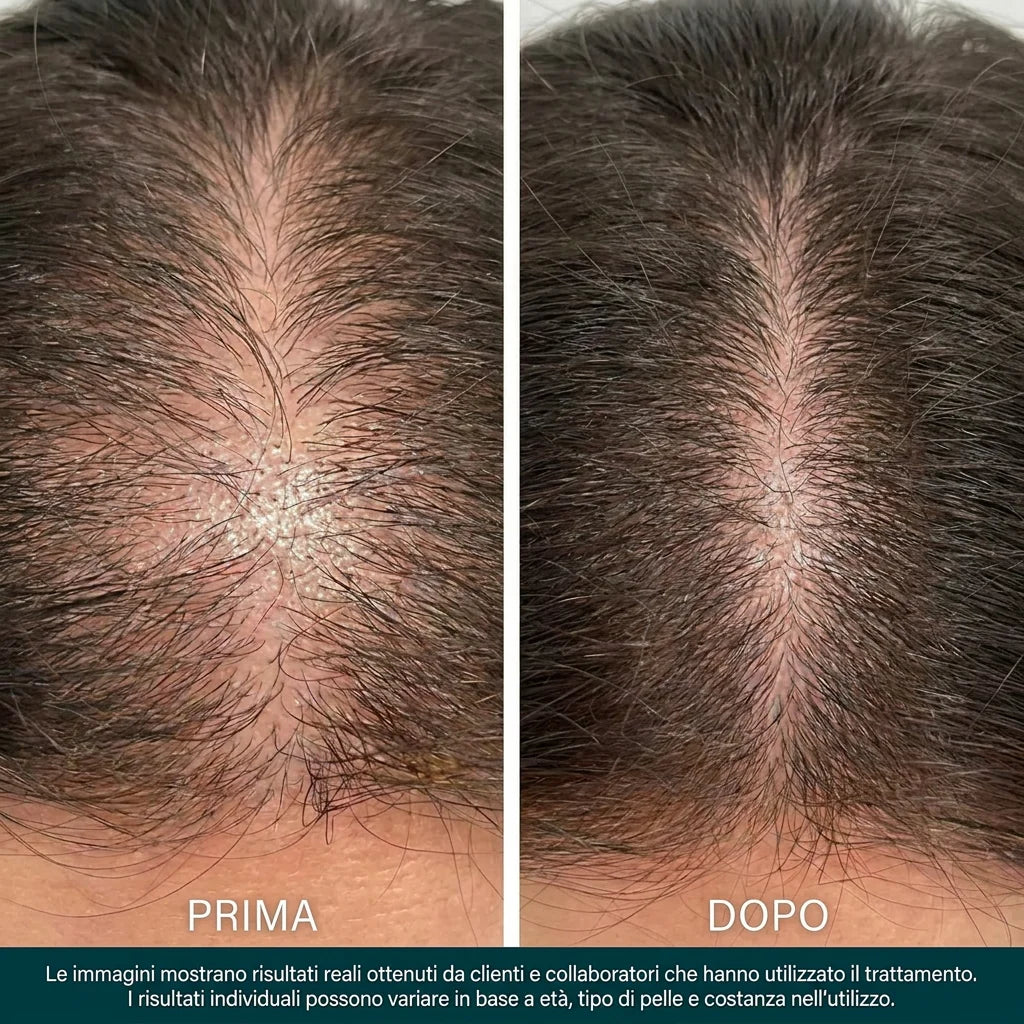 Prima e dopo — cuoio capelluto, riga più densa dopo il trattamento