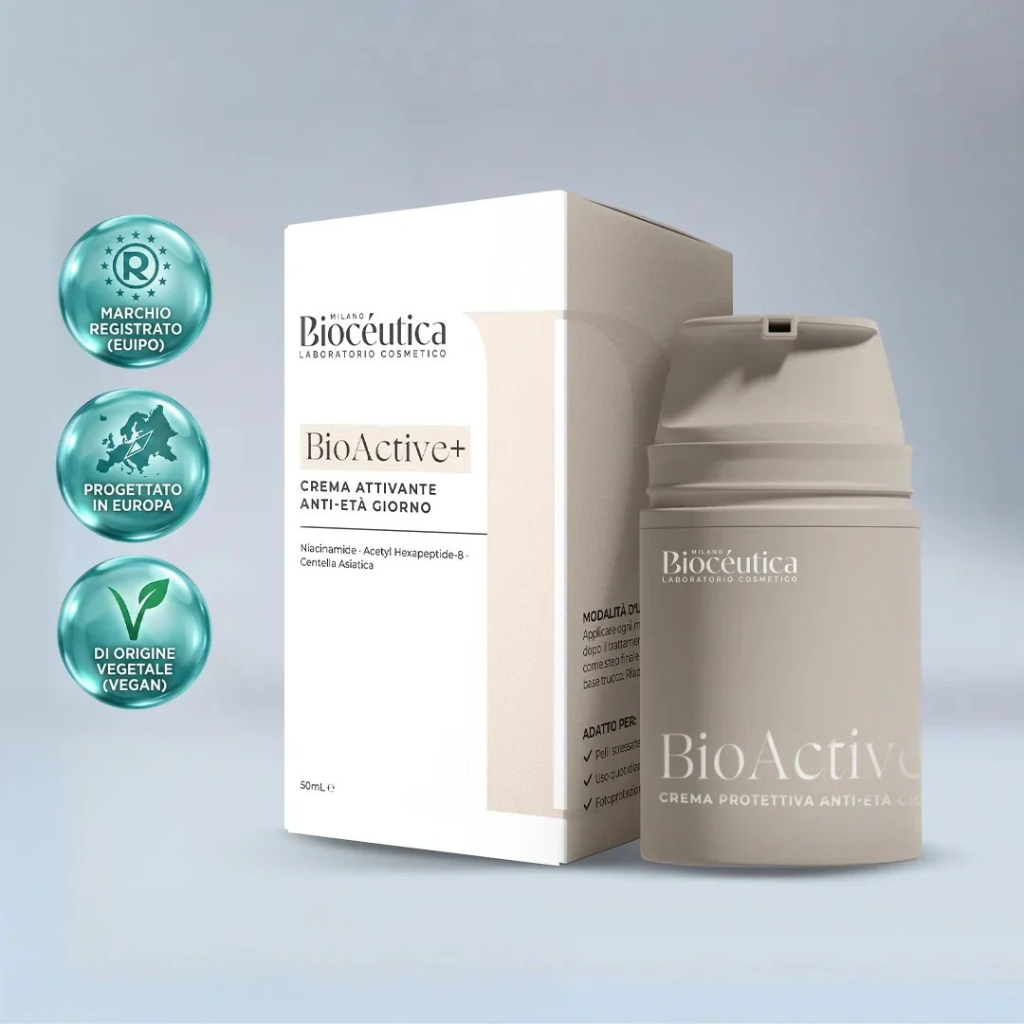 BioActive+ confezione e flacone con badge marchio registrato, progettato in Europa e di origine vegetale