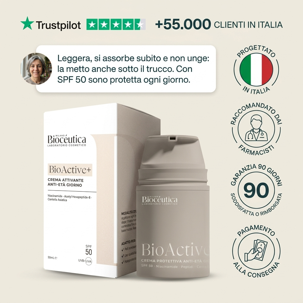 BioActive+ crema giorno attivante anti-eta SPF 50, flacone e confezione