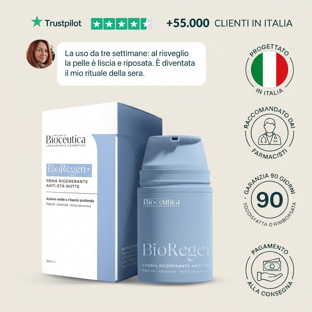 BioRegen+ crema notte rigenerante anti-eta, flacone e confezione