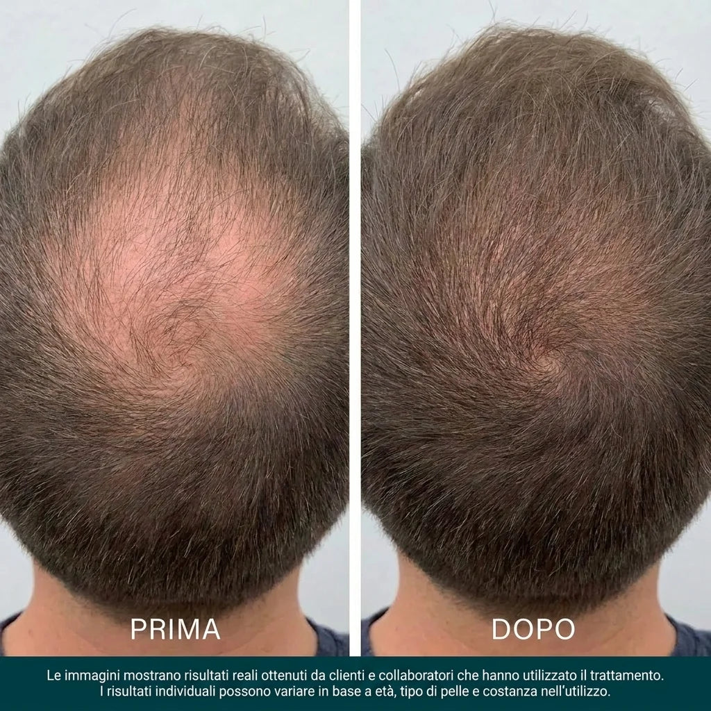 Prima e dopo — vertice maschile, copertura più densa dopo il trattamento
